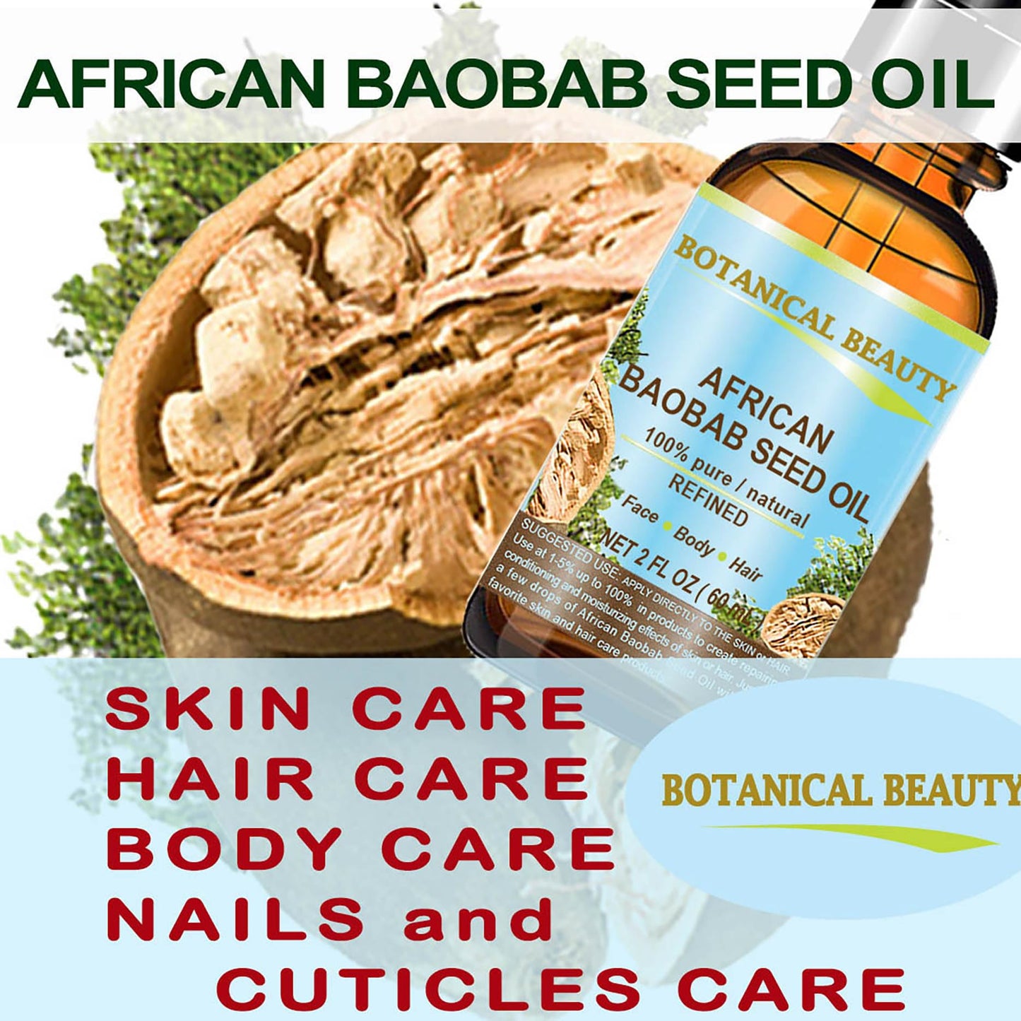 Botanical Beauty BAOBAB SEED OIL 100% Pure Natural Refined Cold-Pressed Carrier Oil 1 Fl oz 30 ml For Face Skin Body Hair Lip Nails Rich in Vitamin C