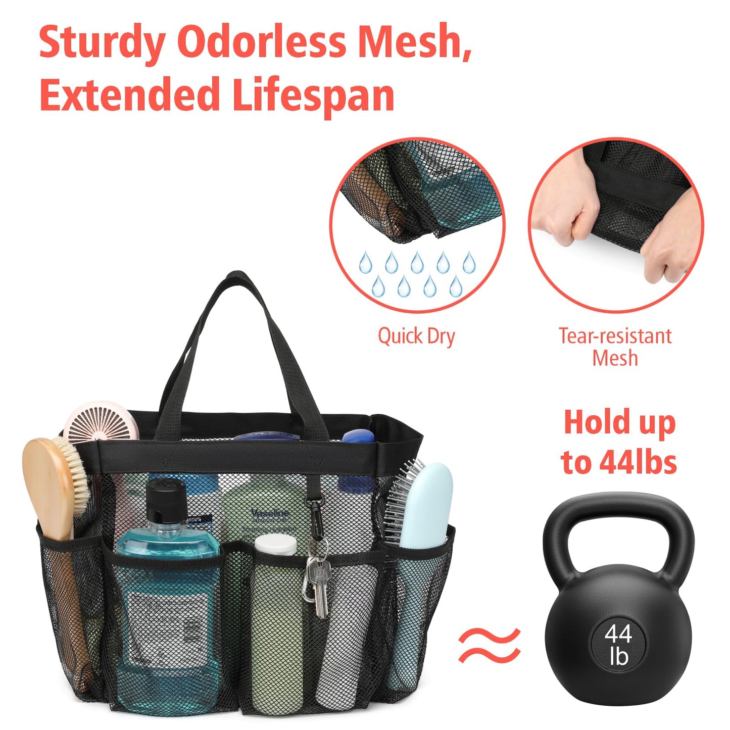 F-color Mesh Shower Caddy – Portable 7-Pocket Quick Dry Tote with S Hook & 2 Handles for Dorm, Gym, Bathroom, Camp – Black