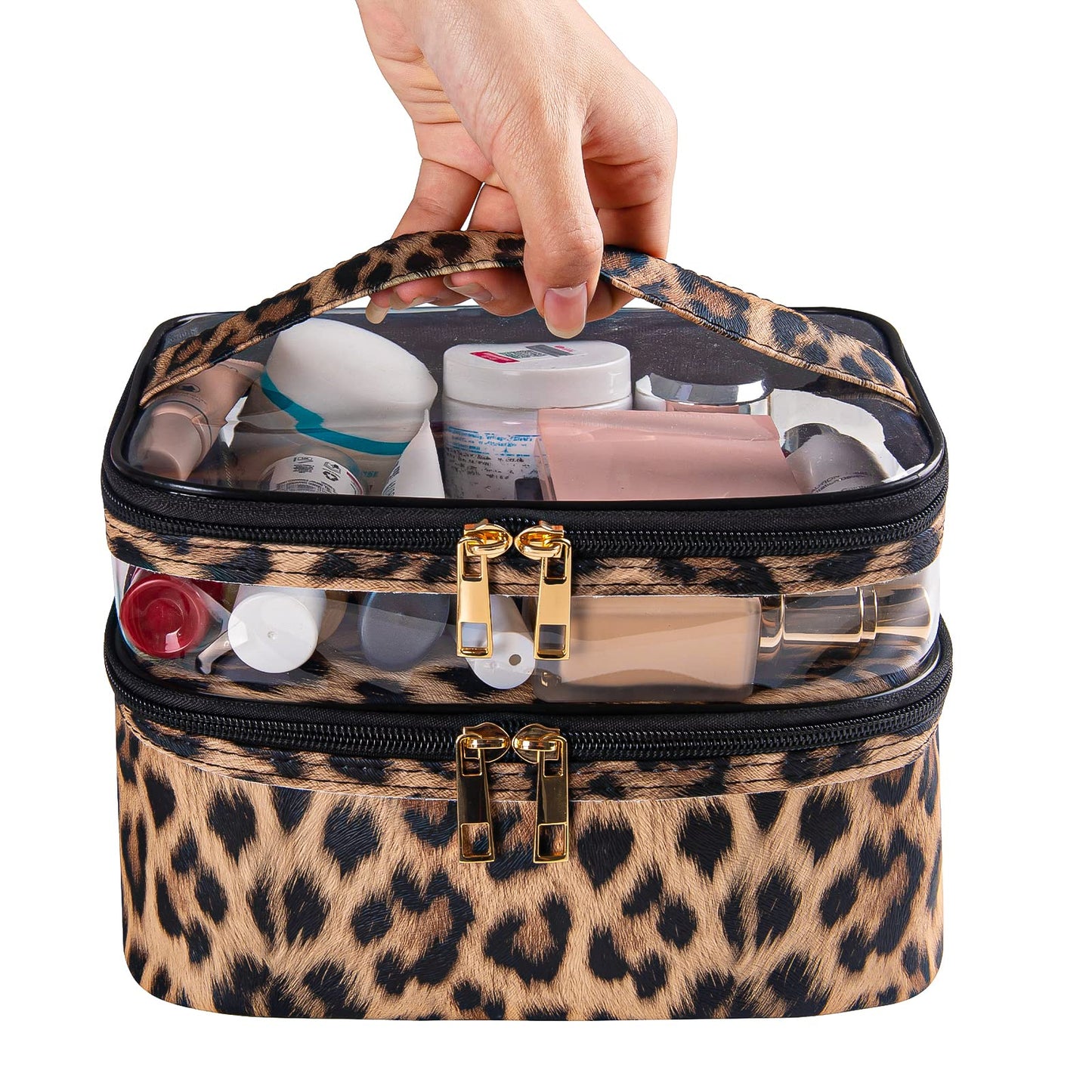 imerelez Double-Layer Cosmetic Bag – Portable Waterproof Travel Makeup Case for Women, Foldable Organizer Pouch (Leopard Print)
