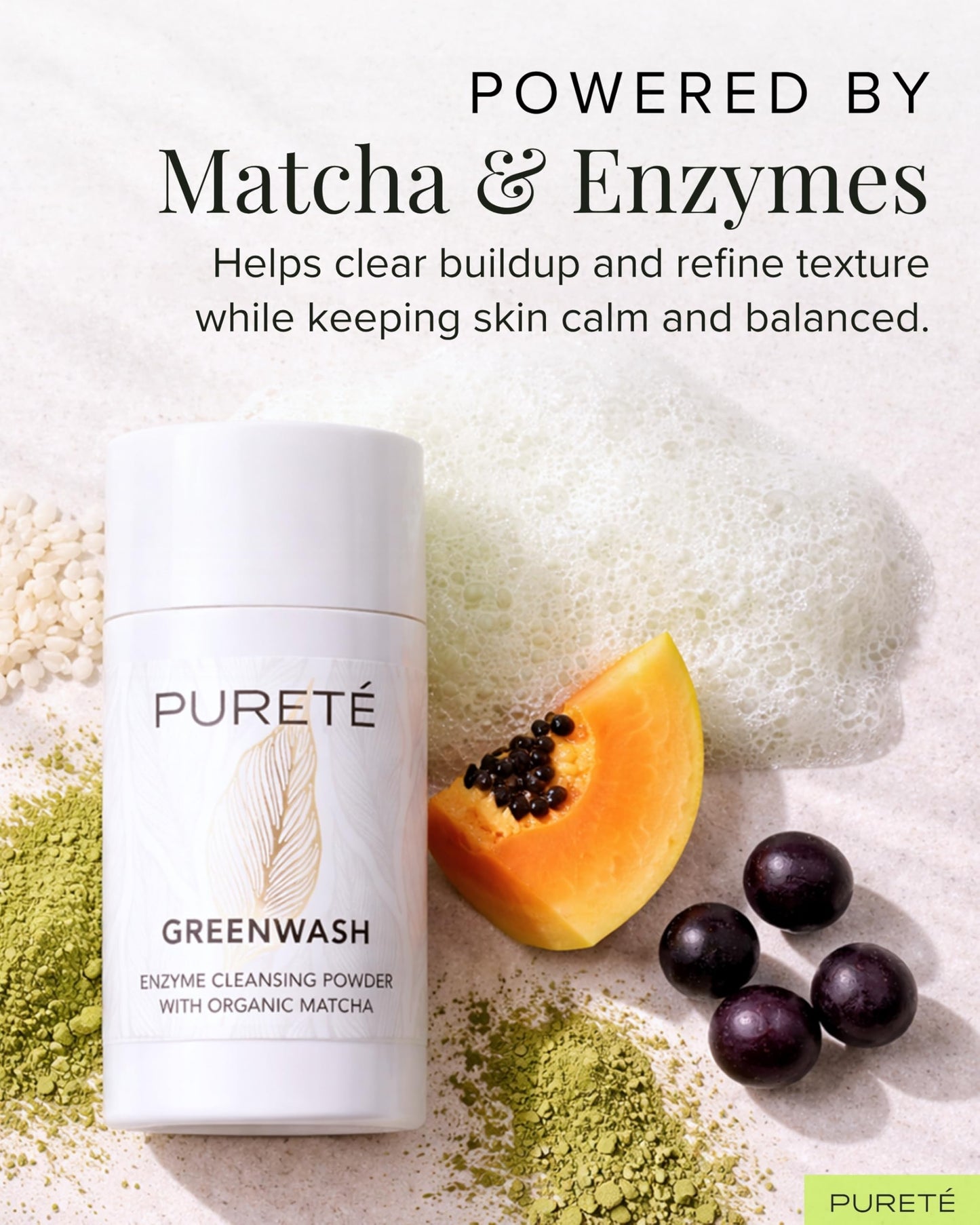 Pureté Greenwash Enzyme Cleansing Powder for Face | Ceremonial Matcha Powder-to-Foam Cleanser | Water-Activated Gentle Exfoliating Face Wash | Made in