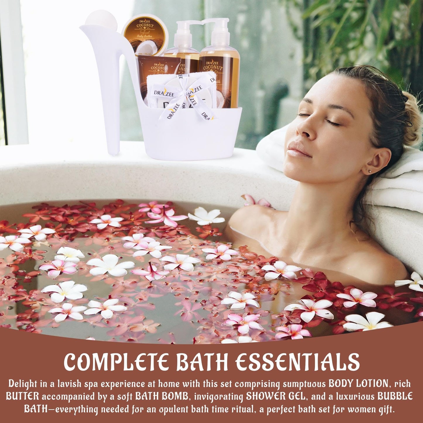 Gift Set for Her - 8 Pcs Luxury Coconut Scented Heel Shoe Bath and Body Spa Basket - Shower Gel, Bubble Bath, Body Butter, Lotion & More - Gift