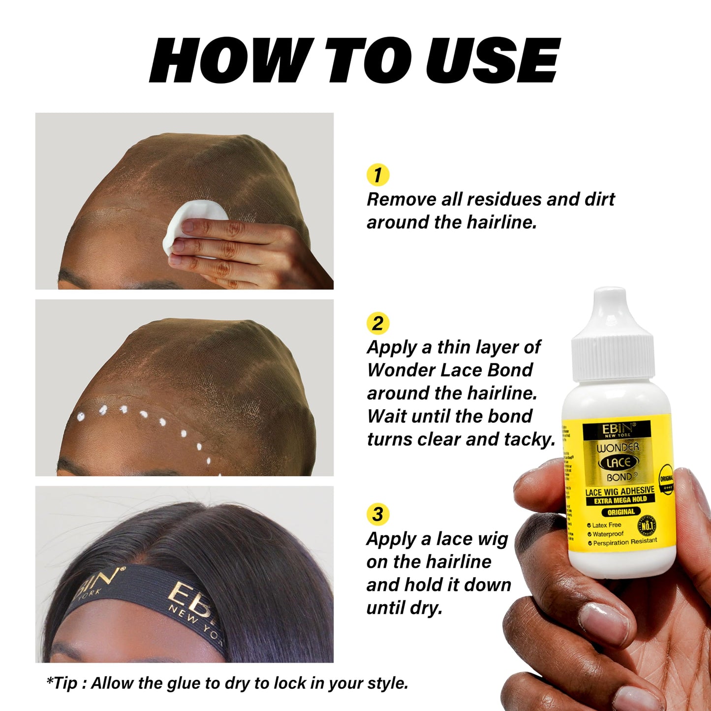 EBIN NEW YORK Wonder Lace Bond Supreme Hold Lace Wig Glue 1.15 Fl Oz Supreme, Maximum Strength, Waterproof, Quick Drying, Latex Free, Long Lasting