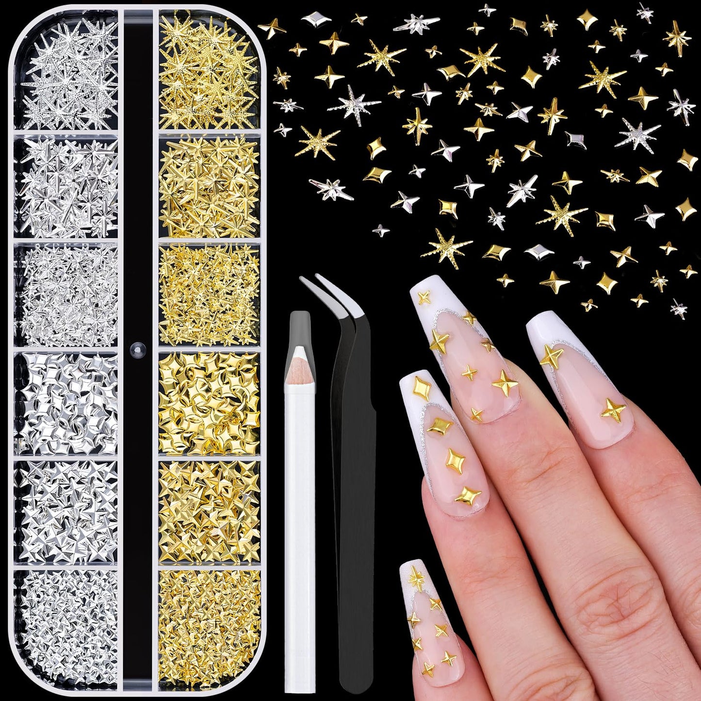 660Pcs 3D Star Nail Charms, Gold & Silver Multi-Shapes Metallic Nail Art Gems,Bedazzling Small Nail Beads Craft Jewels Y2K Cross Nail Rhinestones Beauty and Personal Care BELLEBOOST Default Title
