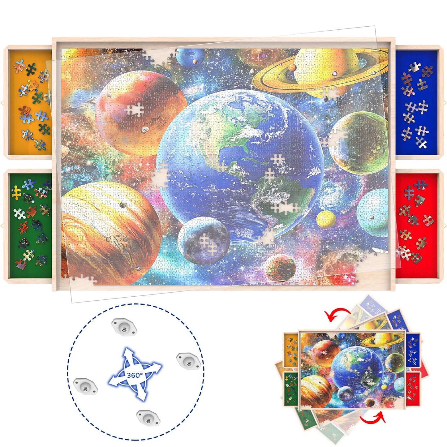 Puzzle Board with Drawers & Cover, 30"x22" Rotatable 360° Wooden Jigsaw Puzzle Table with Wheels, Portable Lightweight Organizer for 1000 Pieces