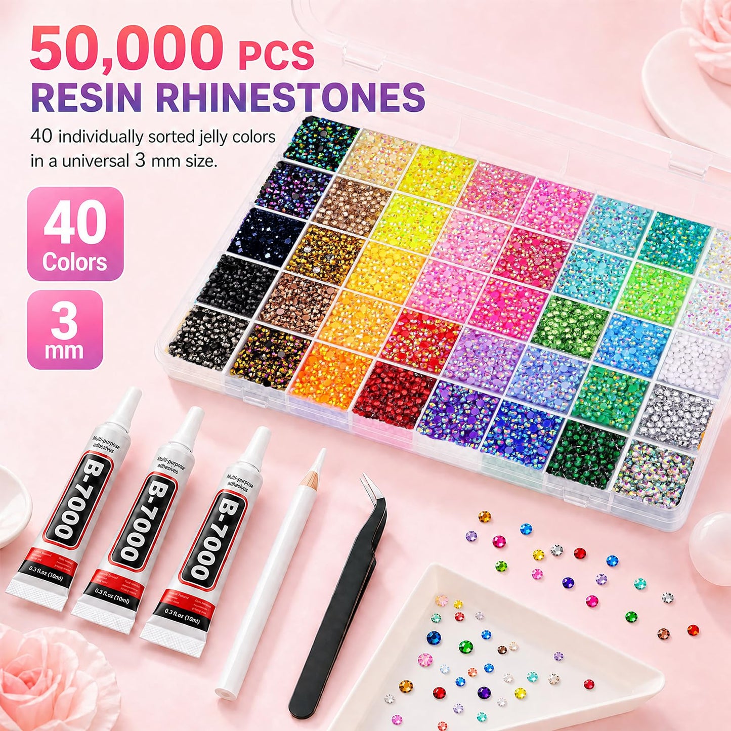 ZGZZGZ 50000 Pcs Resin Jelly Rhinestones Flat Back, 3mm Multicolor Bedazzling Gems Kit with 3Pcs B7000 Glue, Bulk Colorful Rhinestones for Nail Art Beauty and Personal Care ZGZZGZ