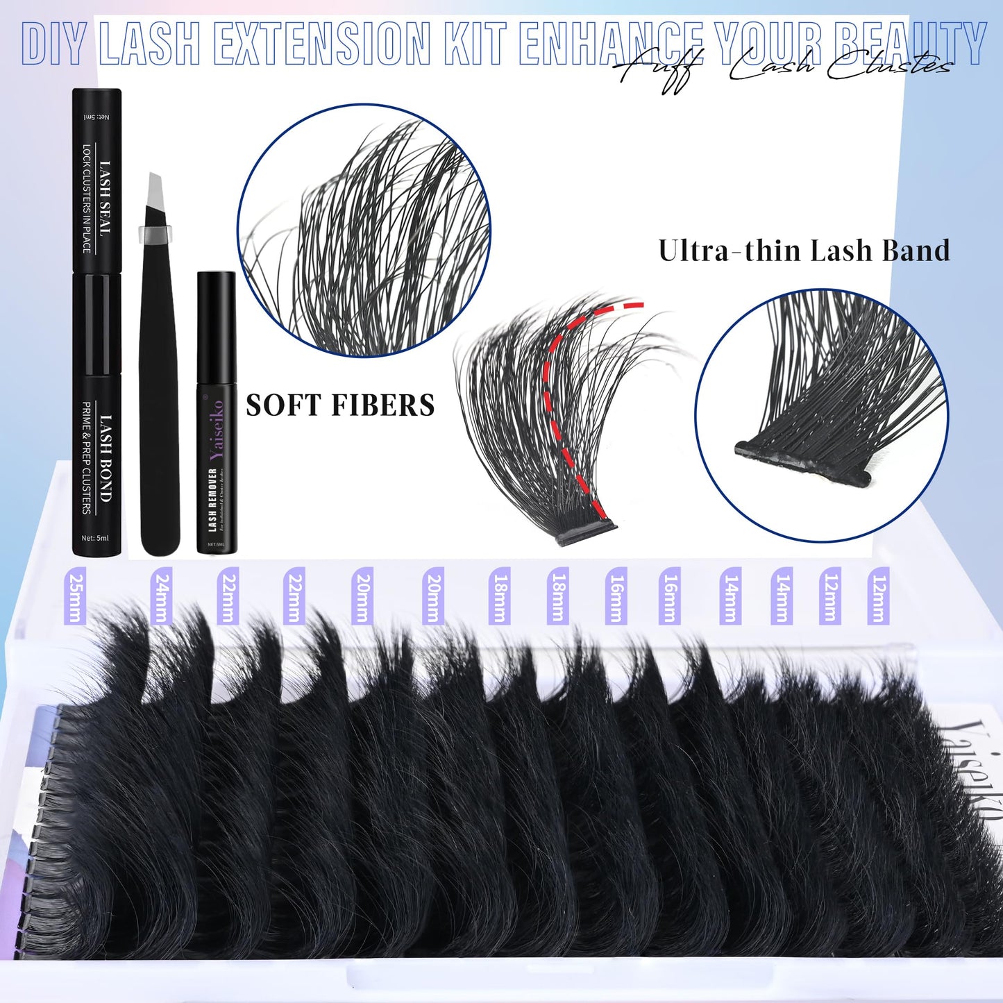 Mega Lash Clusters Kit 300D Thick 12-25mm Volume Cluster Eyelash Extensions Kit 224Pcs Wispy Individual Lashes with Lash Bond and Seal and remover Beauty and Personal Care Yaiseiko