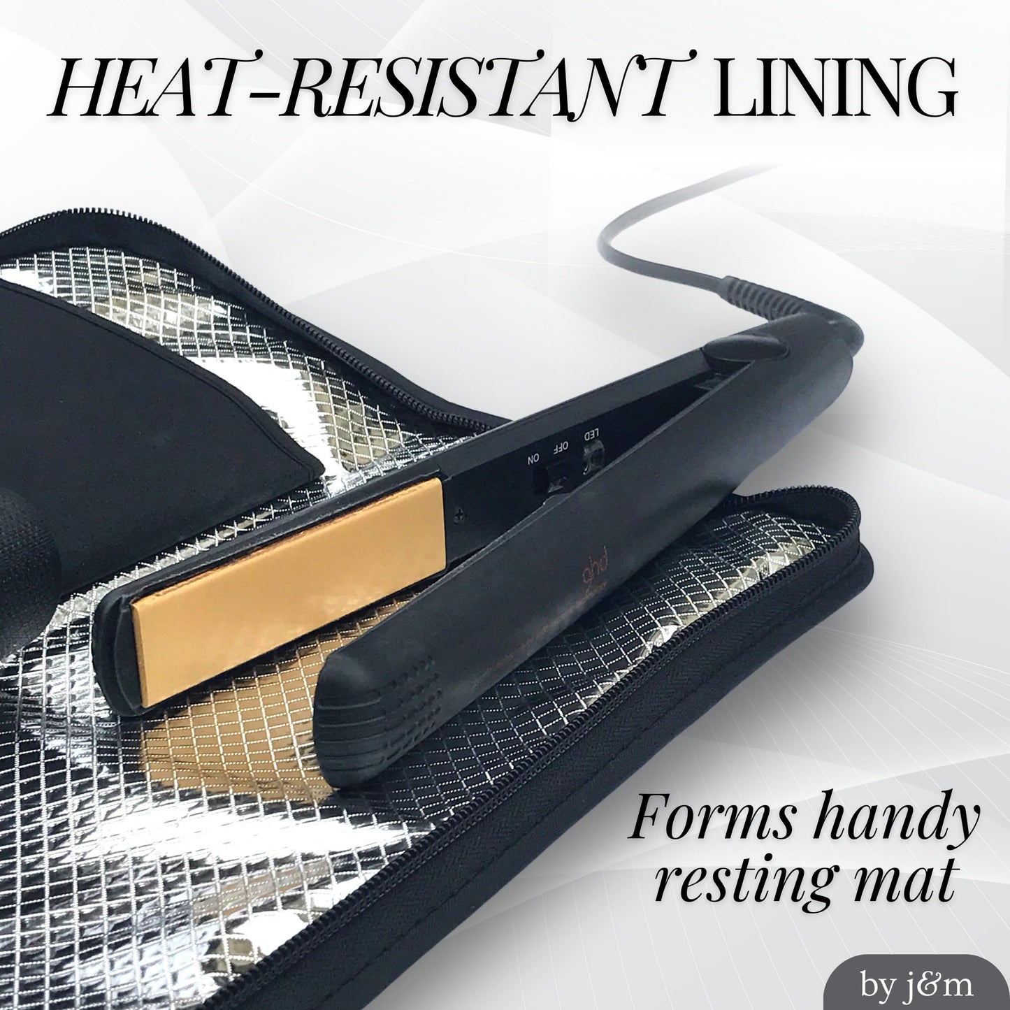 Hair Straightener Mat & Pouch by j&m - Heat Resistant - Fits ghd, BaByliss & Larger Flat Irons - Zip-Up All-in-One Compact Travel Case