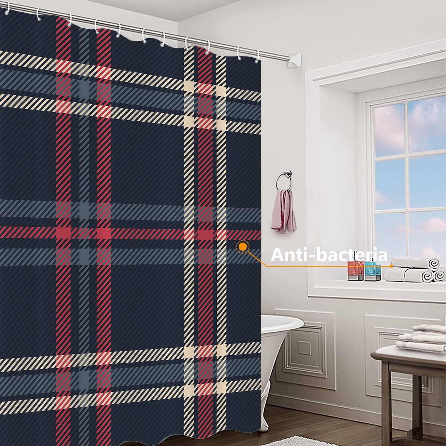 BaoNews Christmas Fashion Blue Decorative Shower Curtain, Blue Check Tartan Plaid Pattern Red Abstract BritainDecor Shower Curtain for Shower Stall…