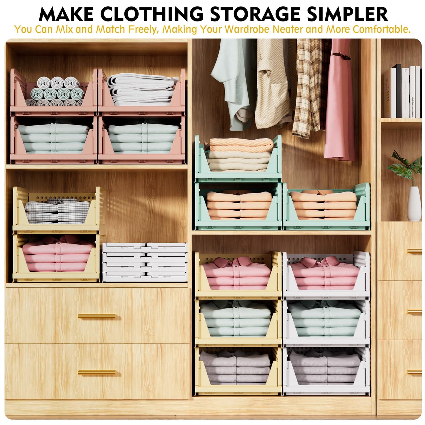 SNSLXH 5-Pack Stackable Storage Baskets – Foldable Closet Organizer for Bathroom, Kitchen, Laundry & Wardrobe – White, Space-Saving