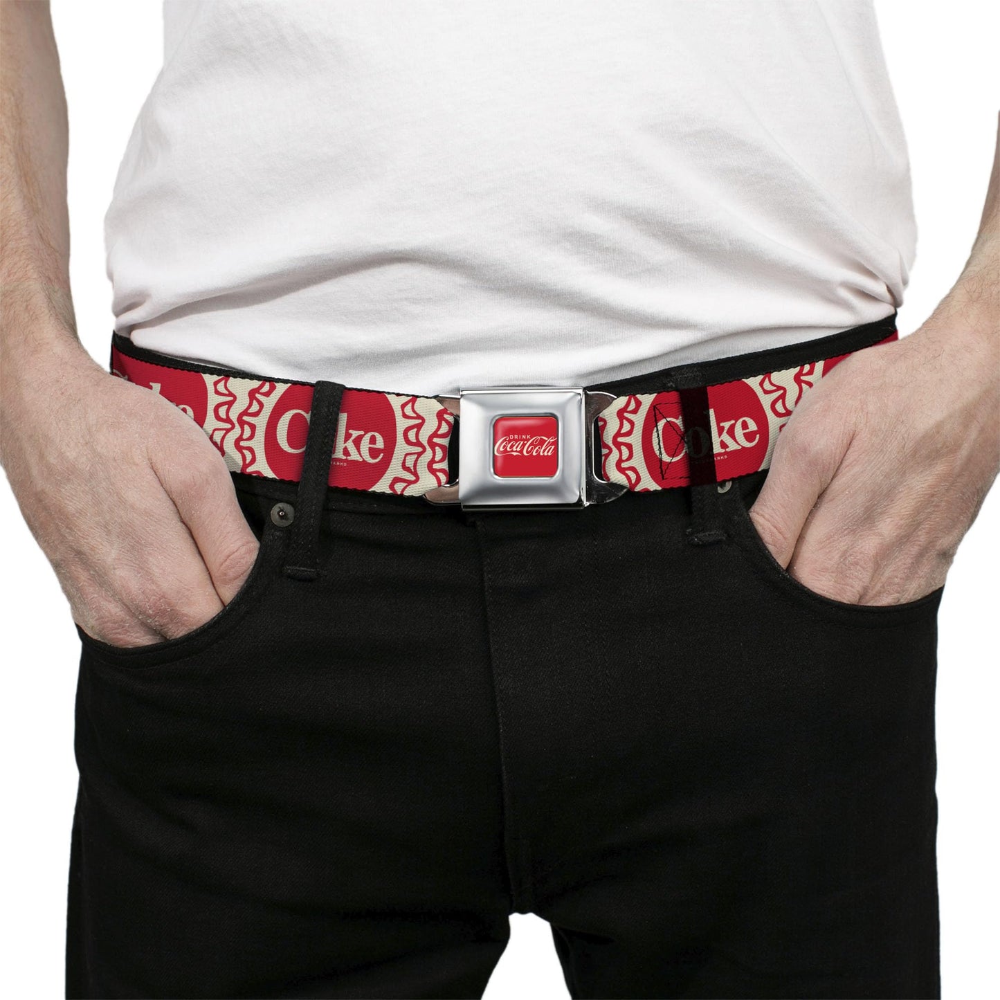 The Coca-Cola Company Belt, Seatbelt Buckle Belt, Vintage Coke Bottle Caps White Red, Youth 20 to 36 Inches