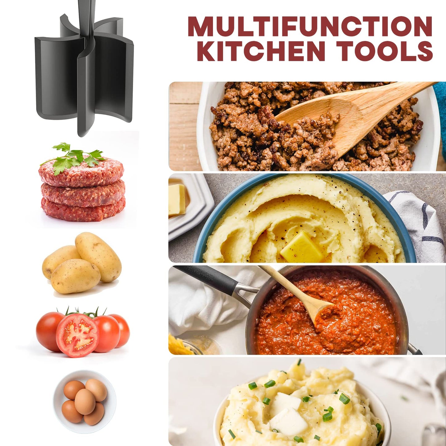 Meat Chopper, Hamburger Grinder, Premium Heat Resistant Smasher for Ground Beef, Burger Grinder Nylon Potato Mix Tool-Black