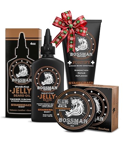 Bossman Essentials Beard Kit for Men, Set of 3 - Beard Oil Jelly, Fortifying Conditioner Cream, Beard Balm - Grooming Growth Care Accessories - Gift