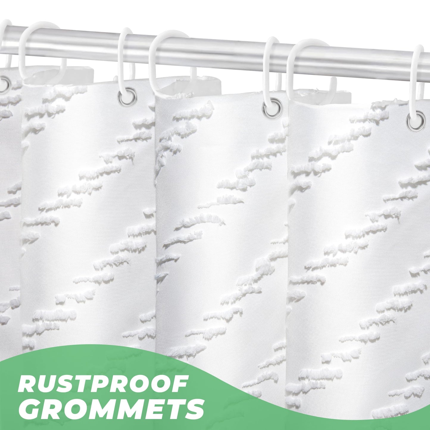 TURKIO White Boho Fabric Shower Curtain 72 x 72 Inches, Modern Shabby Chic Textured Tufted Chevron Striped Minimalist Cloth Bathroom Shower Curtain