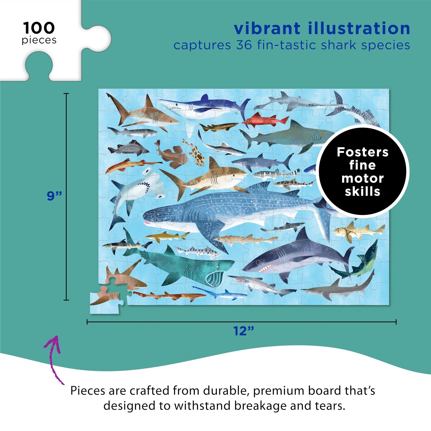 Crocodile Creek 100-Piece Shark Jigsaw Puzzle – Fun & Educational Floor or Table Puzzle for Kids Ages 5+, Includes Storage Canister with Handle, 14"x19"