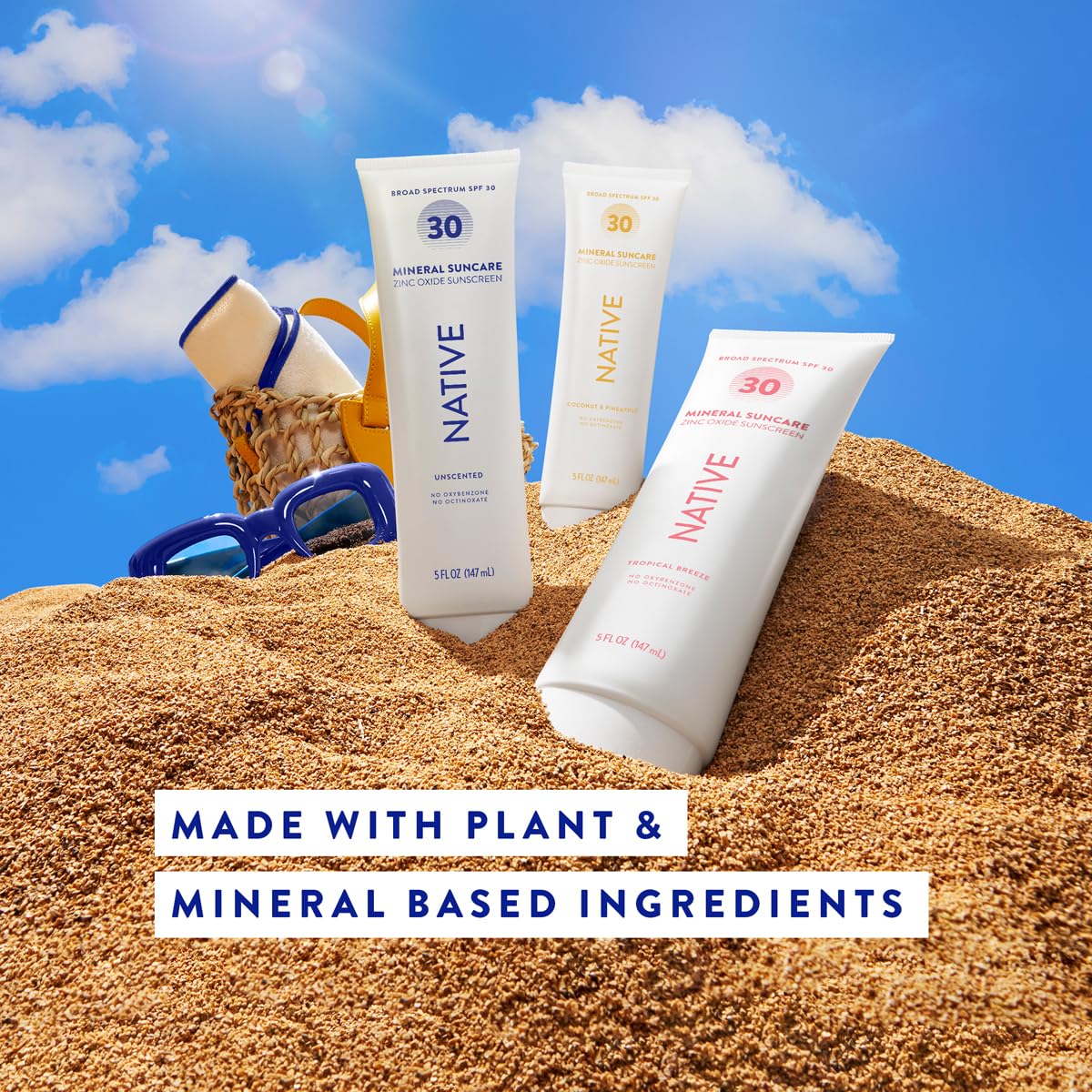 Native Sunscreen SPF 30, Zinc Oxide Dermatologist Tested Suitable for Sensitive Skin & Hawaii Compliant, 5 Ounces | Unscented Sun Protection Lotion