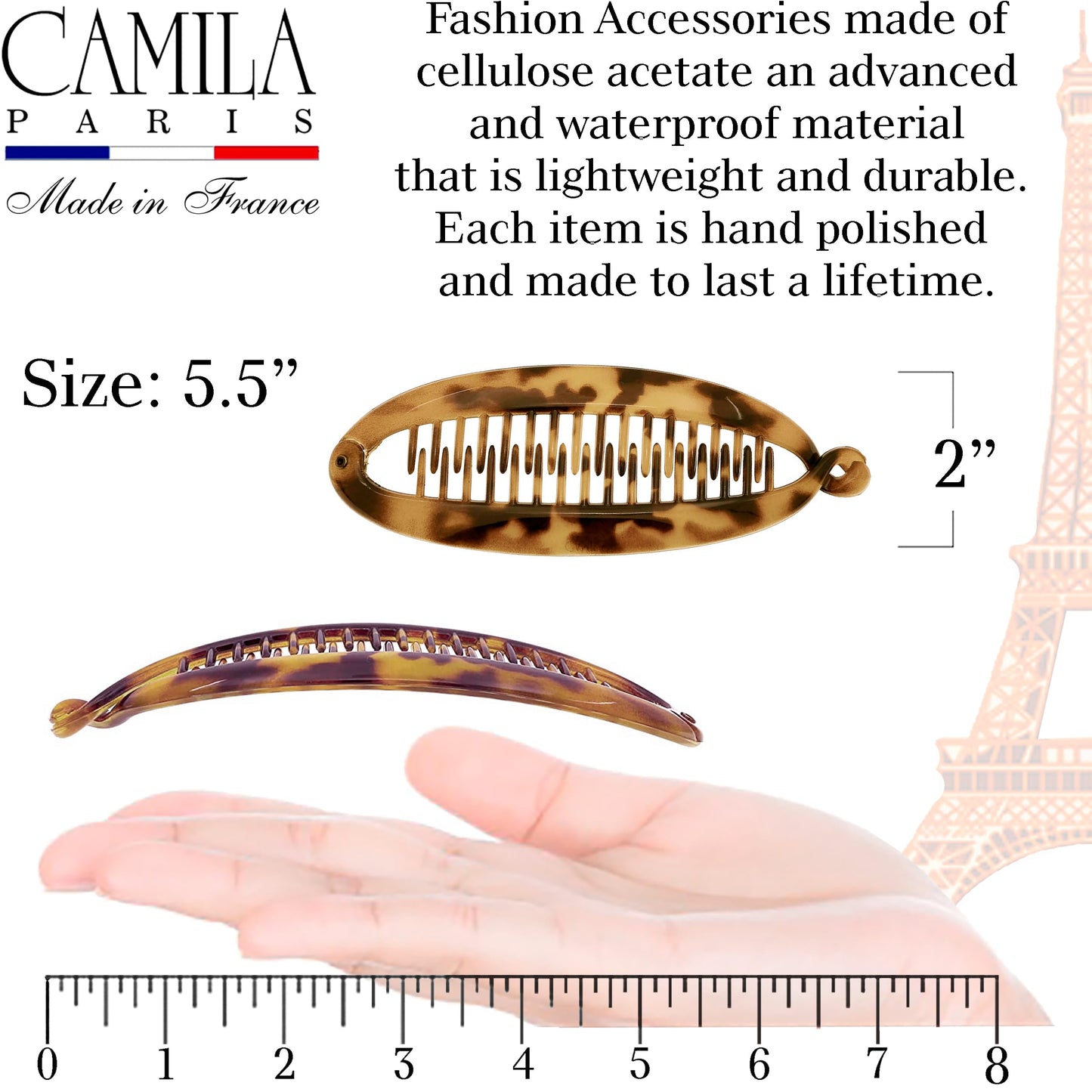 Camila Paris CP1578 2 Pack French Large Banana Clip Hair Comb Classic Girls Updo Flexible Ponytail Holder Interlocking Styling Clips for Women Made
