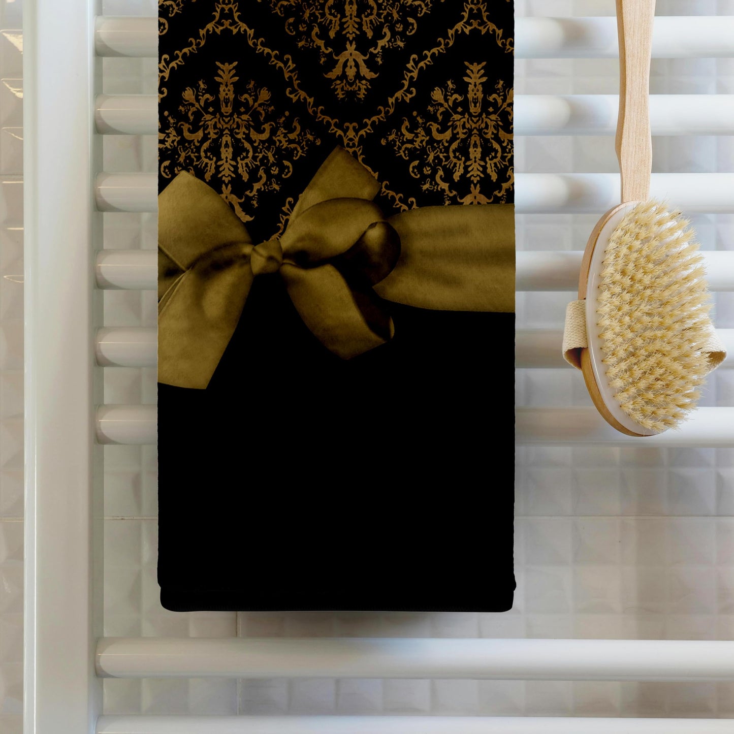 3D Rose TWL_223591_1 Ribbon & Bow on Damask Design - Black & Gold Towel, Black & Gold, 15" x 22"