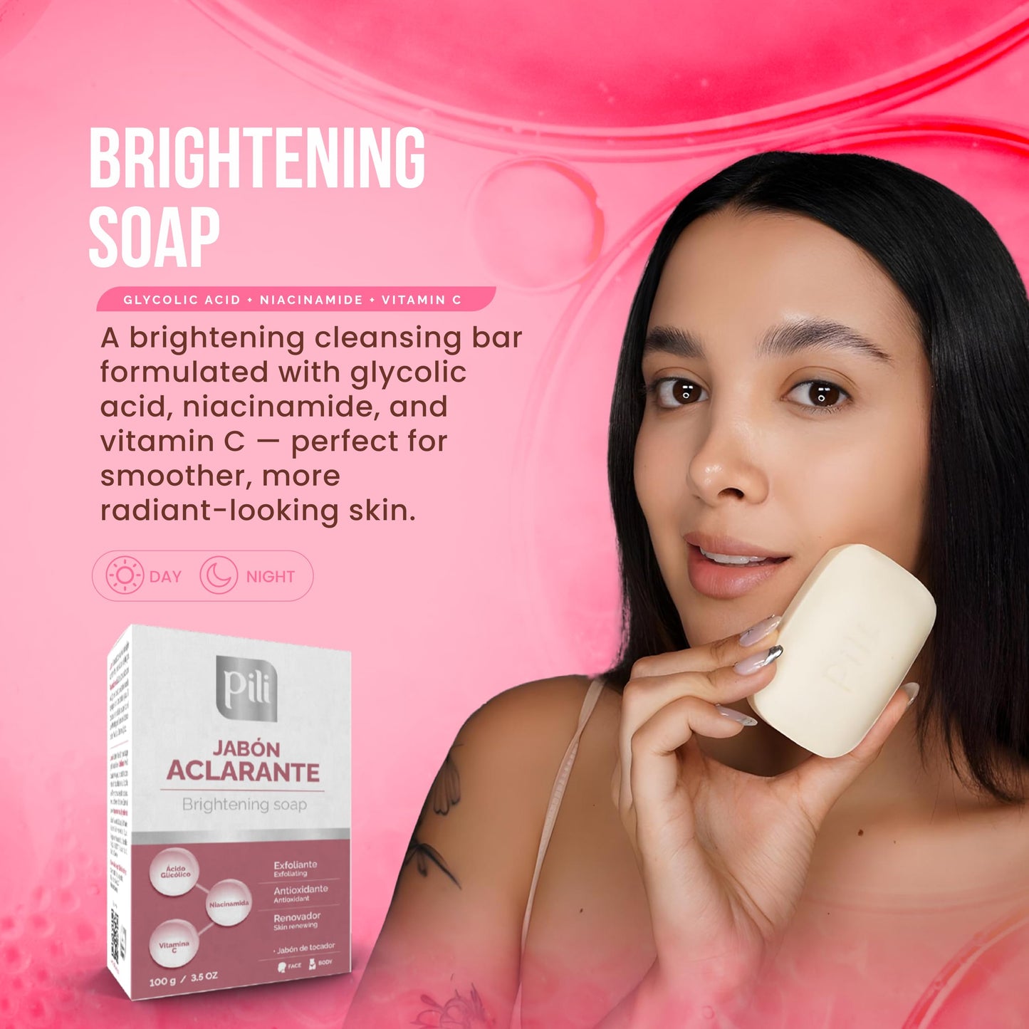 Pili Brightening Soap Bar 2 Pack - Face & Body Exfoliating Soap with Glycolic Acid, Vitamin C & Niacinamide - Skin Brightening for Even Tone & Glowing