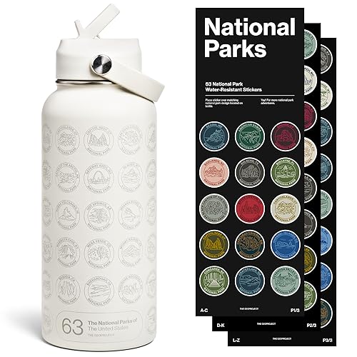 National Parks Water Bottle with Stickers Kit, Adventure Flask with Straw, Waterproof Stickers for Water Bottle, Insulated Stainless Steel 32oz (Tan)