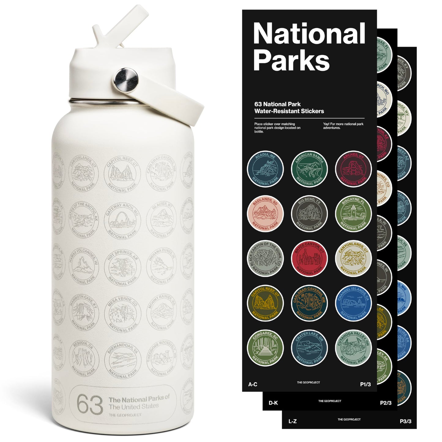National Parks Water Bottle with Stickers Kit, Adventure Flask with Straw, Waterproof Stickers for Water Bottle, Insulated Stainless Steel 32oz (Tan)