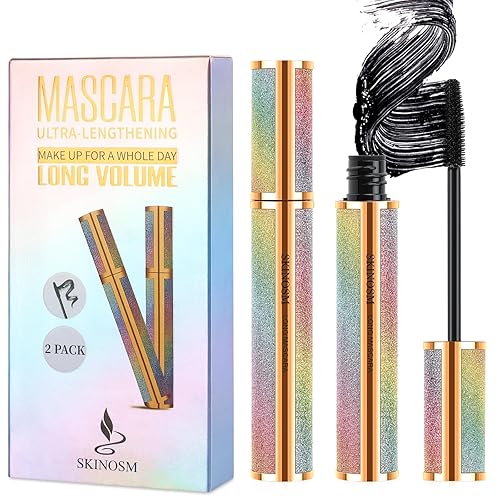2 Pack Black Volume & Length Lasting All Day Mascara, 4D Silk Fiber Lash, Waterproof Lengthening No Clumping & Smudging