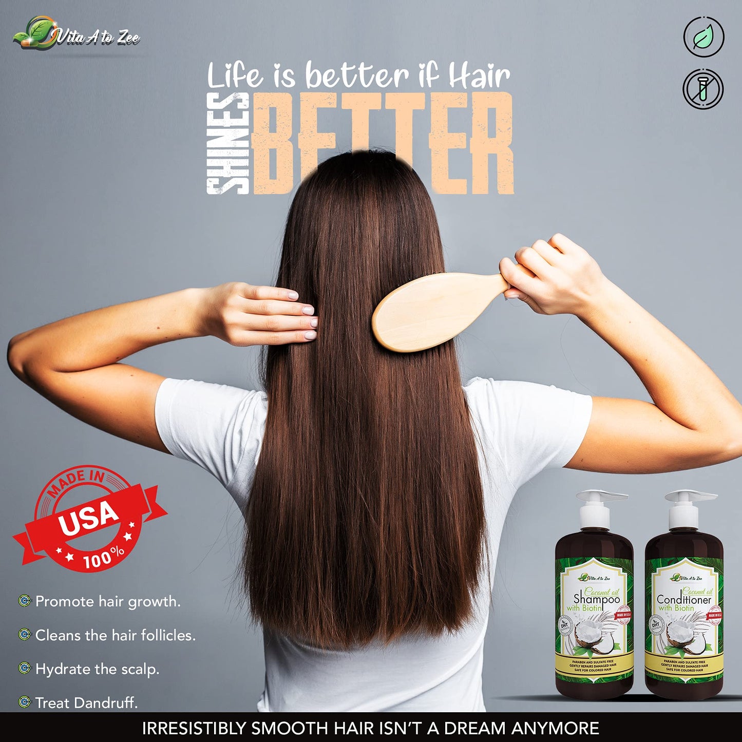 Vita A to Zee Coconut Oil Shampoo & Conditioner with Biotin, Aloe Vera (2 x 16.9 Fl Oz) - Hair Regrowth Shampoo Conditioner for Dry, Frizzy & Coarse