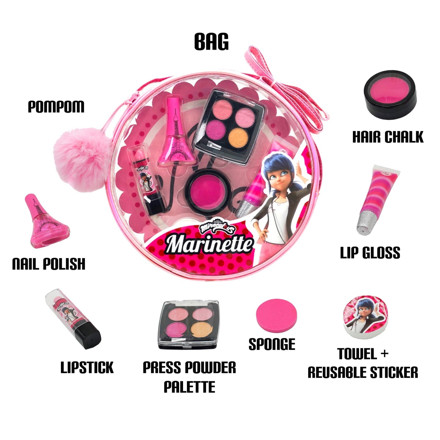 Miraculous Ladybug Kids Makeup Set - 10 Piece Bag with Nail Polish, Hair Chalk, Stickers & More - Safe, Non-Toxic Pretend Play Cosmetics - Marinette