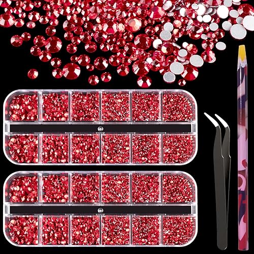 3440PCS 6 Sizes Red Glass Crystal Kit with Pickup Pen + Tweezer Tools for Iridescent Shine Nail Art Manicure Makeup DIY Deco Flatback Round Bead