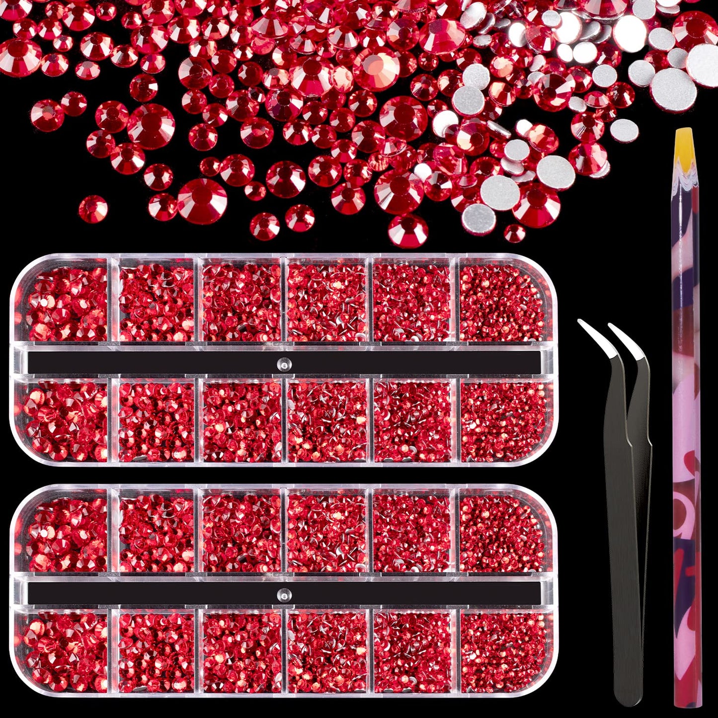 3440PCS 6 Sizes Red Glass Crystal Kit with Pickup Pen + Tweezer Tools for Iridescent Shine Nail Art Manicure Makeup DIY Deco Flatback Round Bead