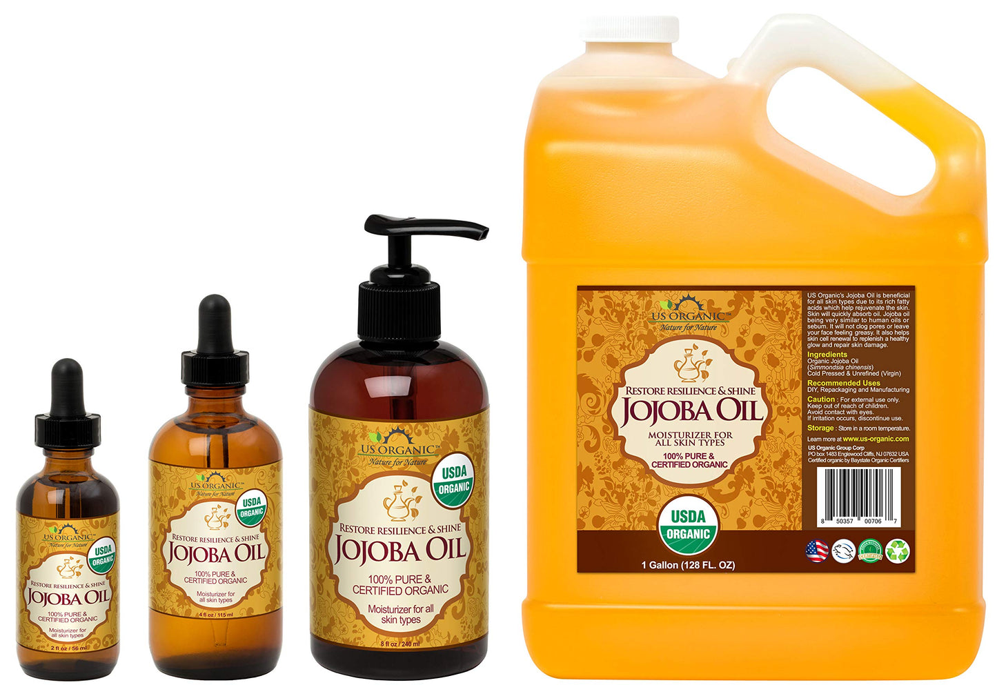US Organic Jojoba Oil, USDA Certified Organic,100% Pure & Natural, Cold Pressed Virgin, Unrefined, Haxane Free, Sourced from Middle East Directly