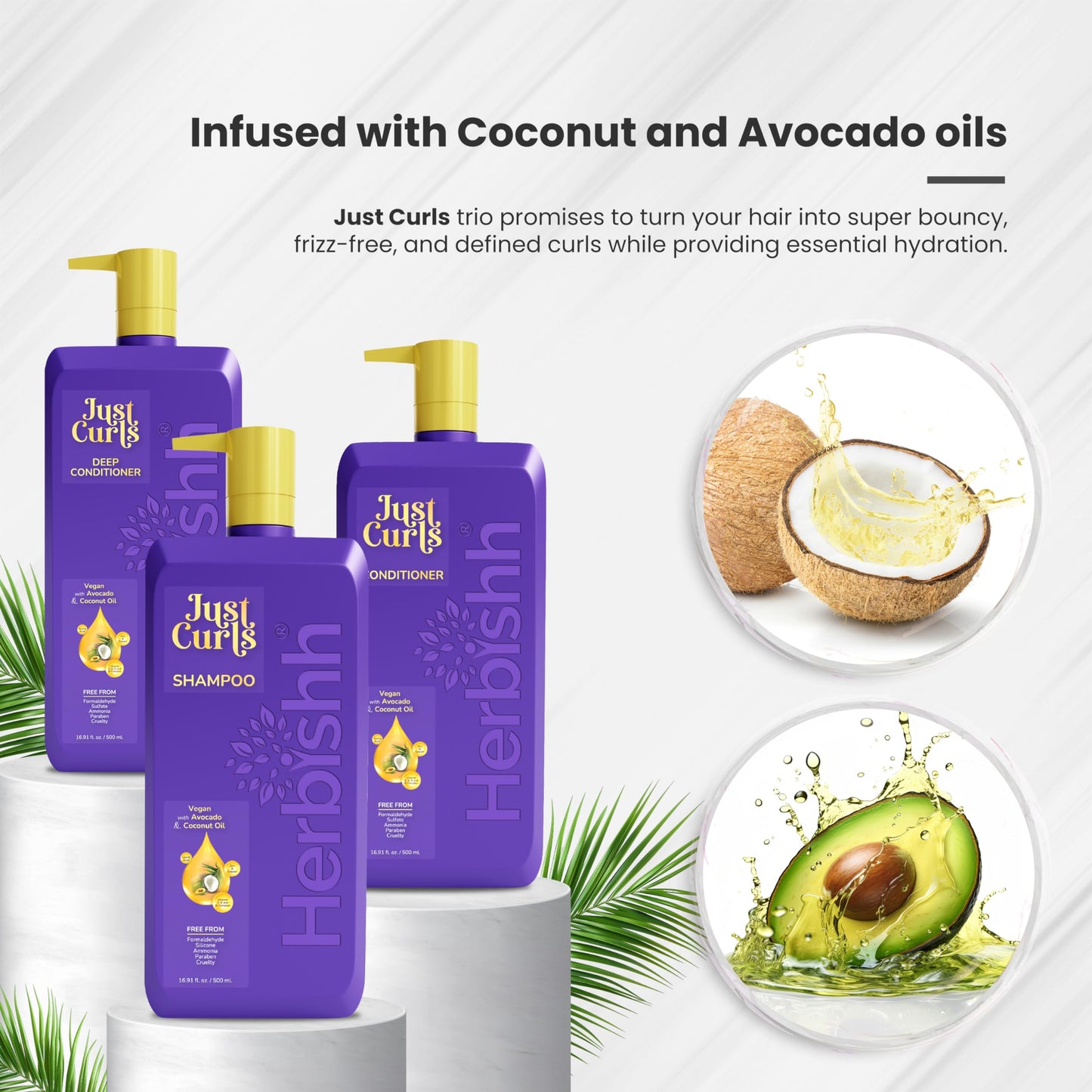 Herbishh Curly Hair Shampoo and Conditioner Set with Deep Conditioner For Women, Men (3 X 16.91 Fl Oz) Definition For Wavy & Coily Hair Reduce Frizz
