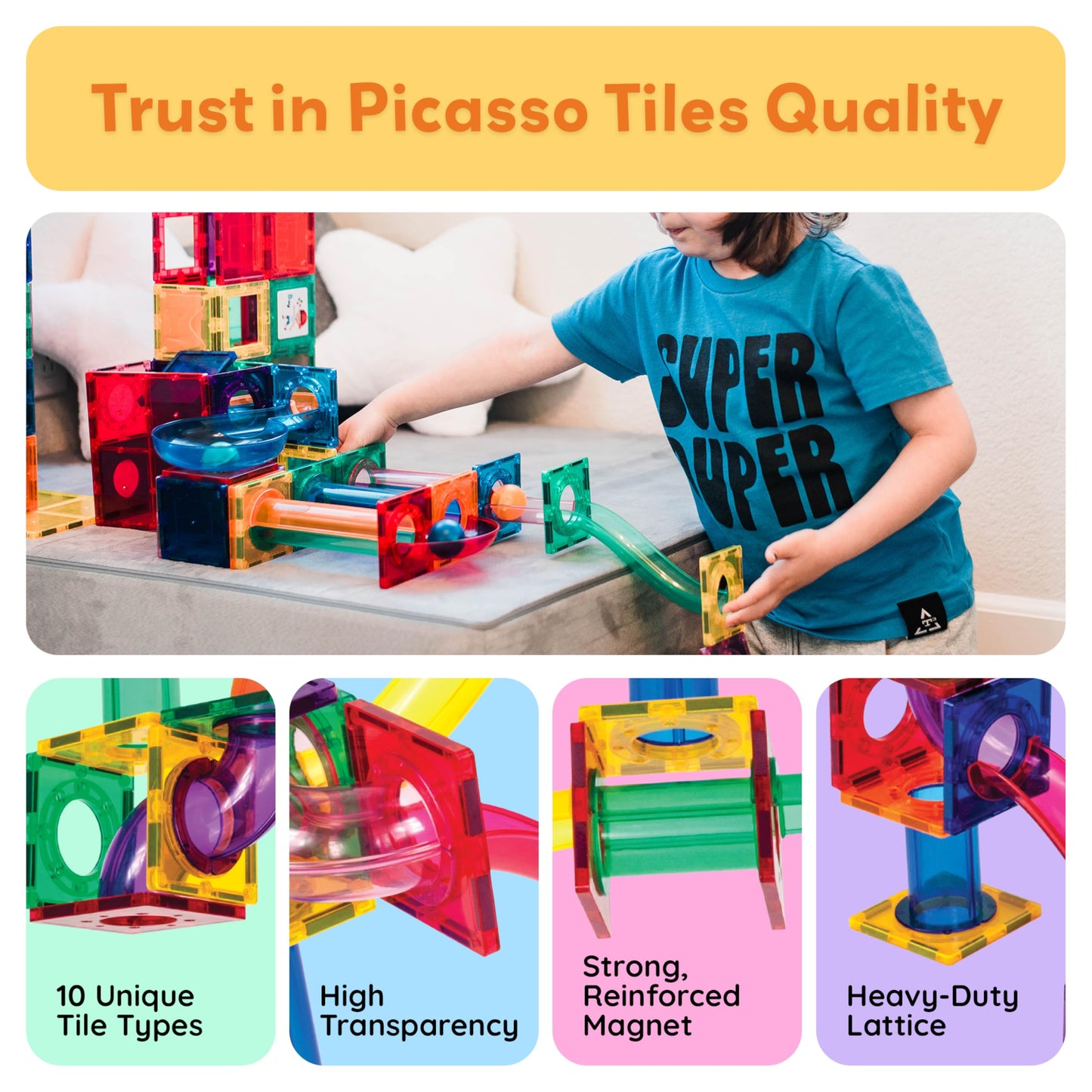 PicassoTiles 70pcs Marble Run Magnetic Tiles – STEM Building Set with Marbles for Kids Ages 3+, Educational Brain Development Toy PTG70