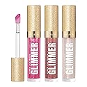 REVLON Super Lustrous Glimmer Gloss Gift Set, 3-Piece, Non-Sticky Lip Makeup, Plant-Based Glitter, High-Shine Finish, 008 Rose Glow, 005 Glazed Almond