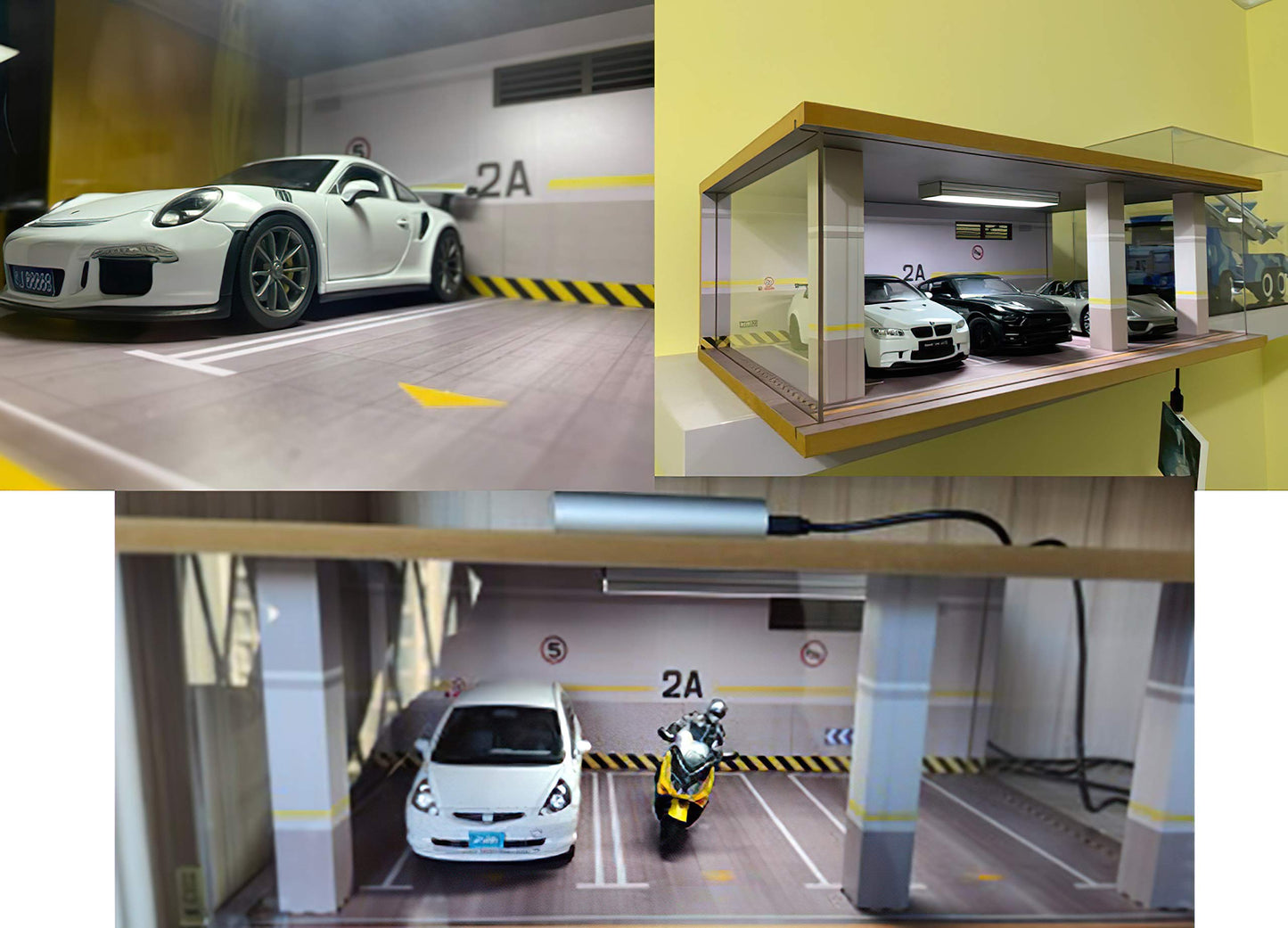 1:24 Scale Die-Cast Car Garage Display Case with Transparent Acrylic Cover and LED Lighting for 3 Parking Spaces (2A)