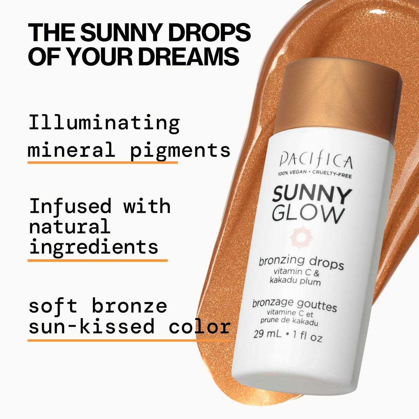 Pacifica Sunny Glow Liquid Face Bronzer Drops - Face Makeup Bronzing For Face & Cheeks for Instant Sun-Kissed Glow - Vitamin C & Glycolic Acid Infused