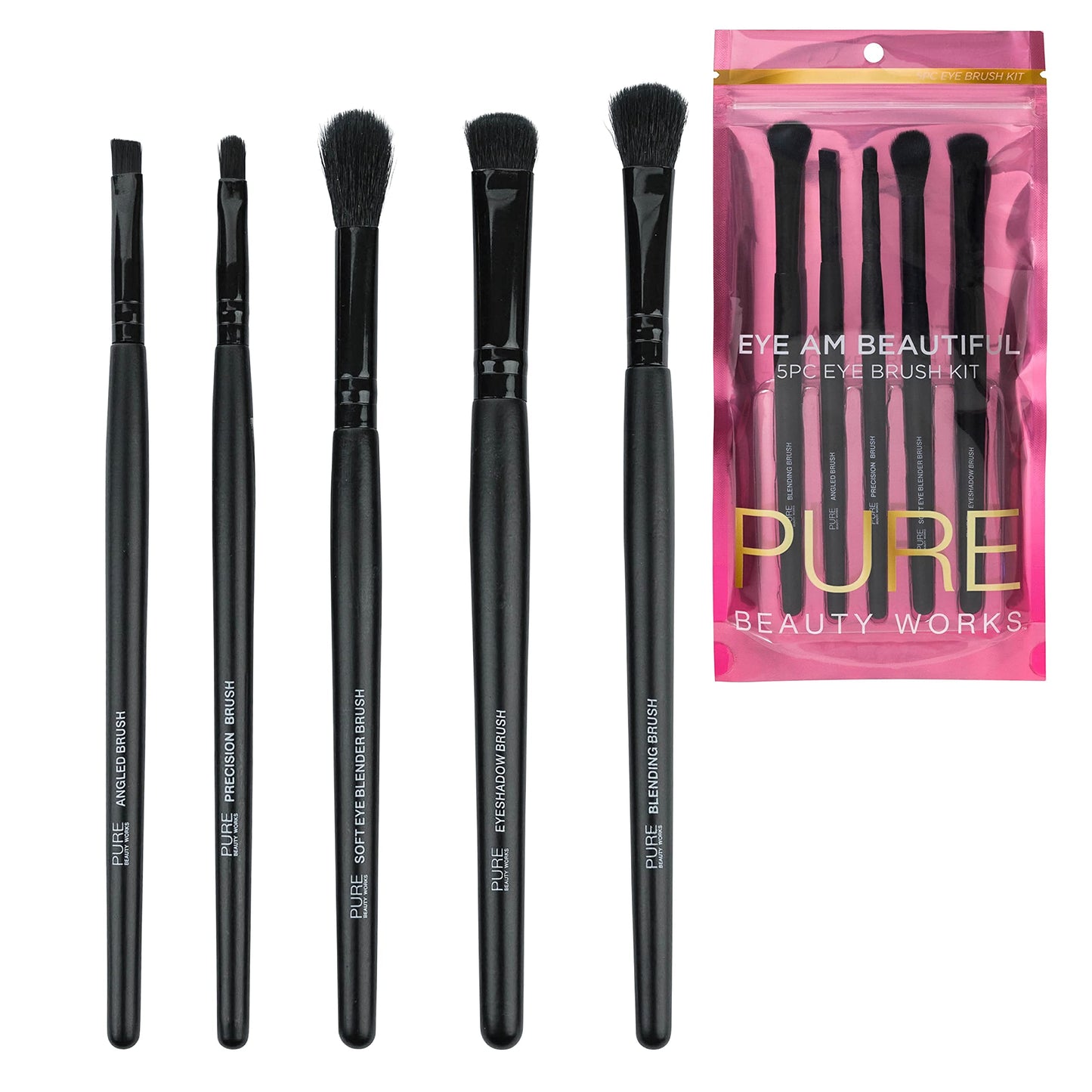 Pure Beauty Works Eye Am Beautiful 5pc Eye Brush Kit - Synthetic Bristles - Blending, Eyeshadow, Precision, Soft Blending, Angled - Makeup Brush Set