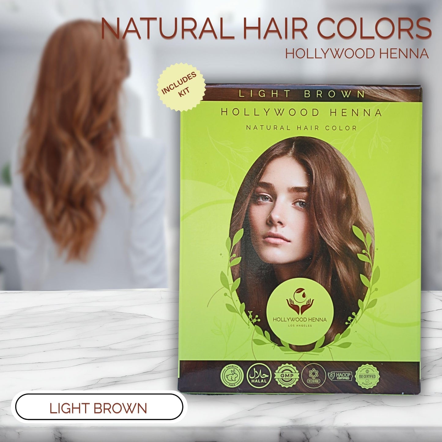 Hollywood Henna Hair Color Kit (Light Brown) Organic Color Hair Beard Dye (Pack of 1-100g) Henna Based Hair Colors with Pure Herbs Free Chemicals Long