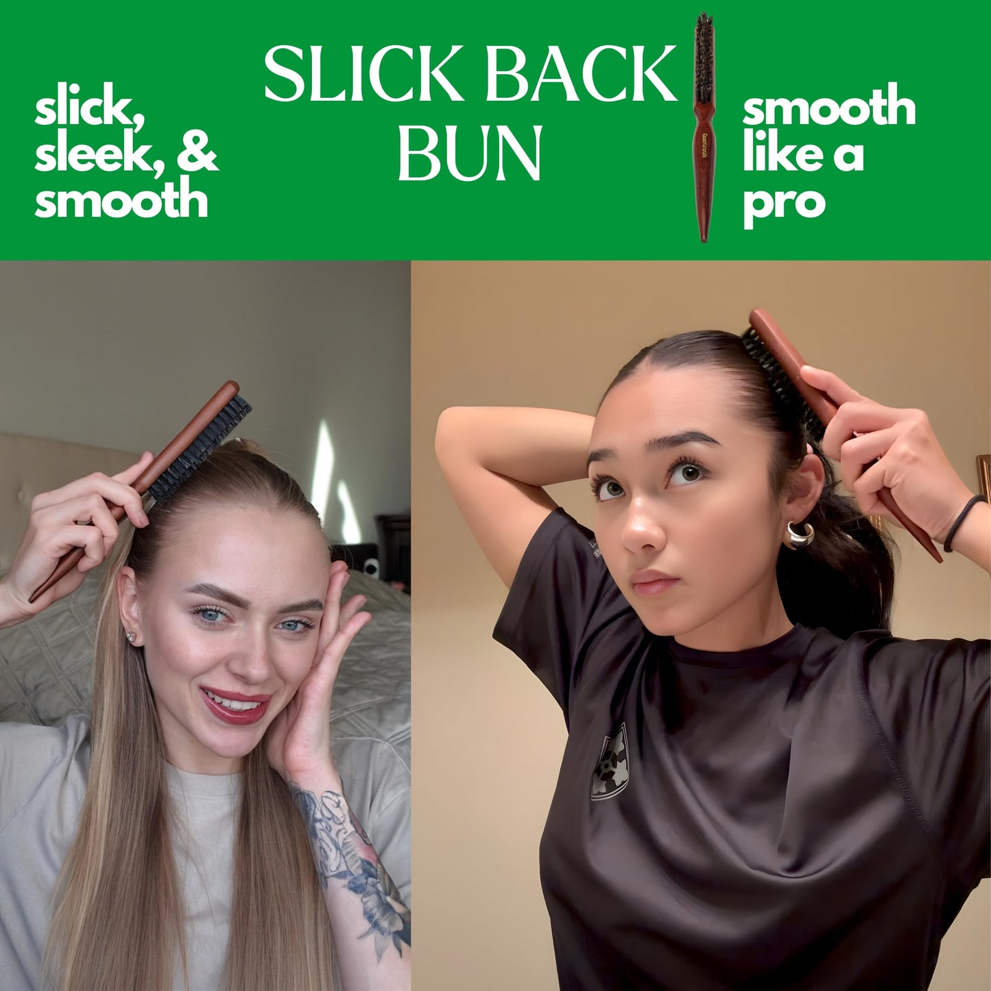 GranNaturals Teasing Boar Bristle Hair Brush for Women - Slick Back Comb with Rat Tail Pick for Hair Sectioning Used for Edge Control, Backcombing