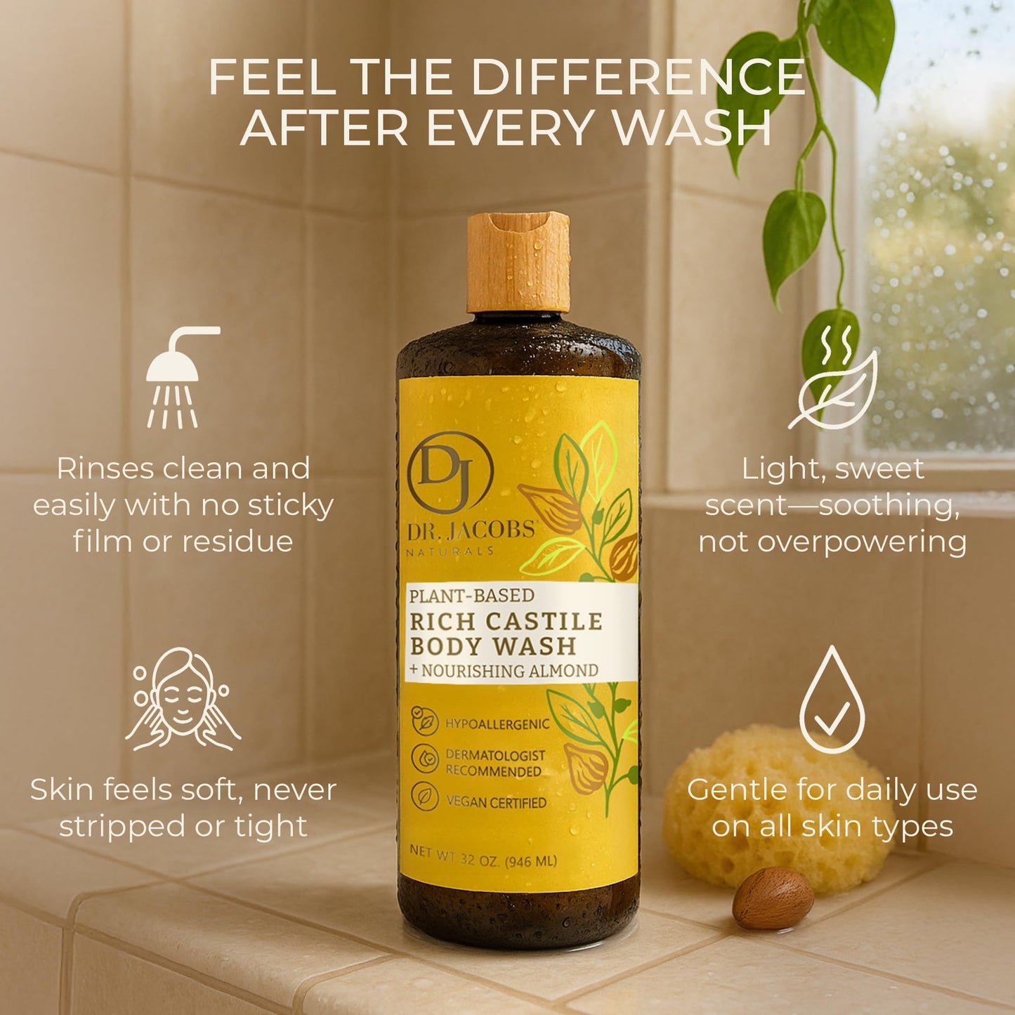Dr. Jacobs Naturals Pure Castile Soap Liquid Body Wash, Almond - Plant Based Castile Soap Infused with Vitamin E and Aloe Vera to Moisturize Dry