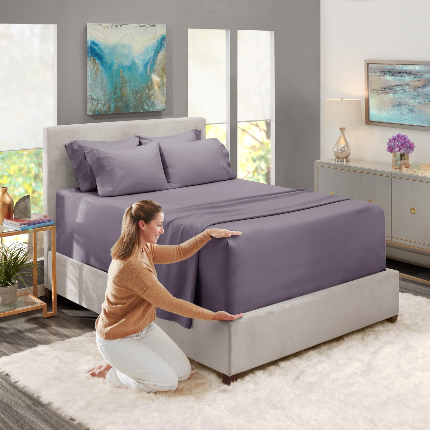 Hearth & Harbor Extra Deep Pocket Sheet Sets, Luxury Soft 6 Piece Bed Sheet Set Fits Mattress 18-24 Inches - Split King Size, Grayish Purple