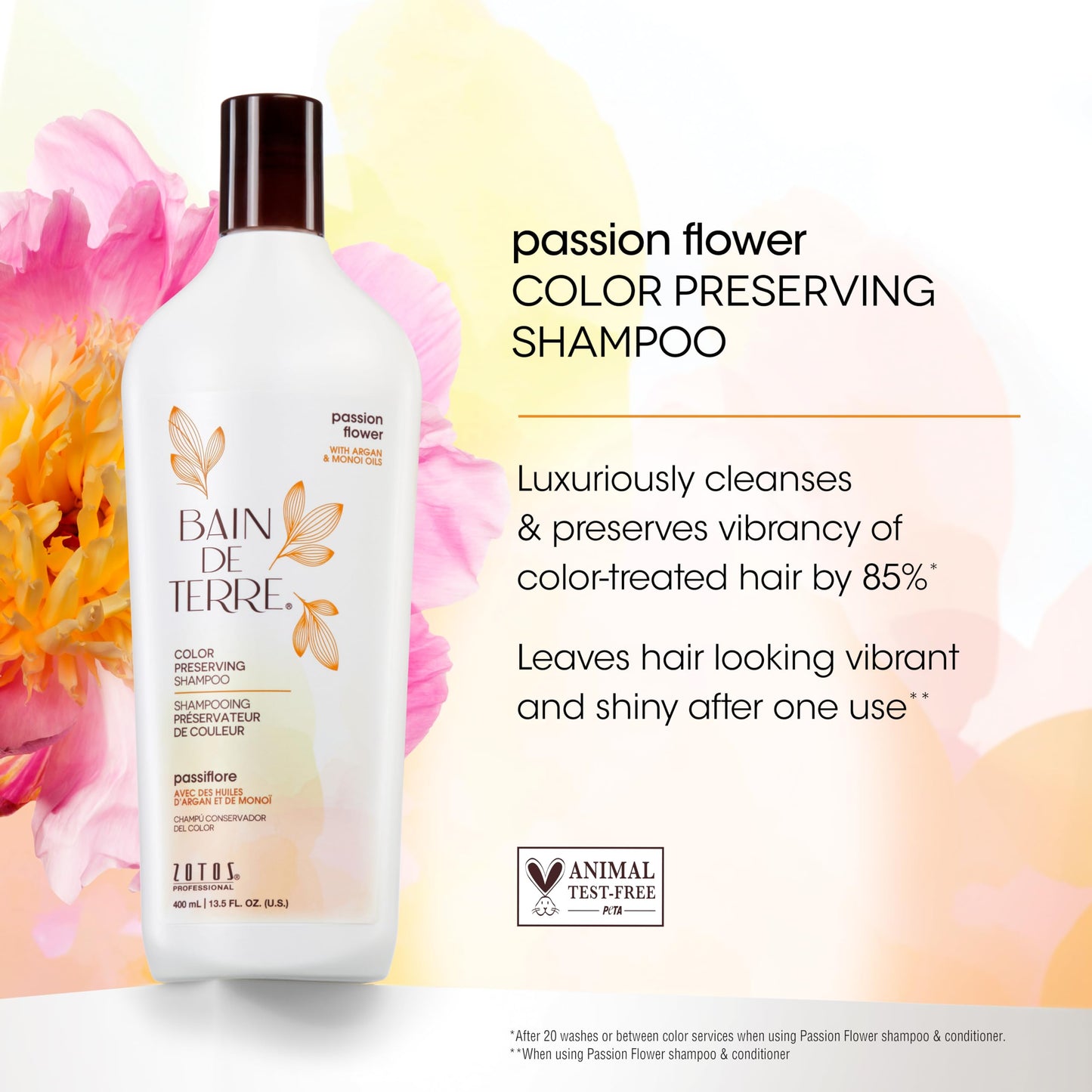 Bain de Terre Passion Flower Color Preserving Shampoo, for Vibrant Color & Protection from Fading, with Argan & Monoi Oils, Paraben-free, Vegan, 33.8