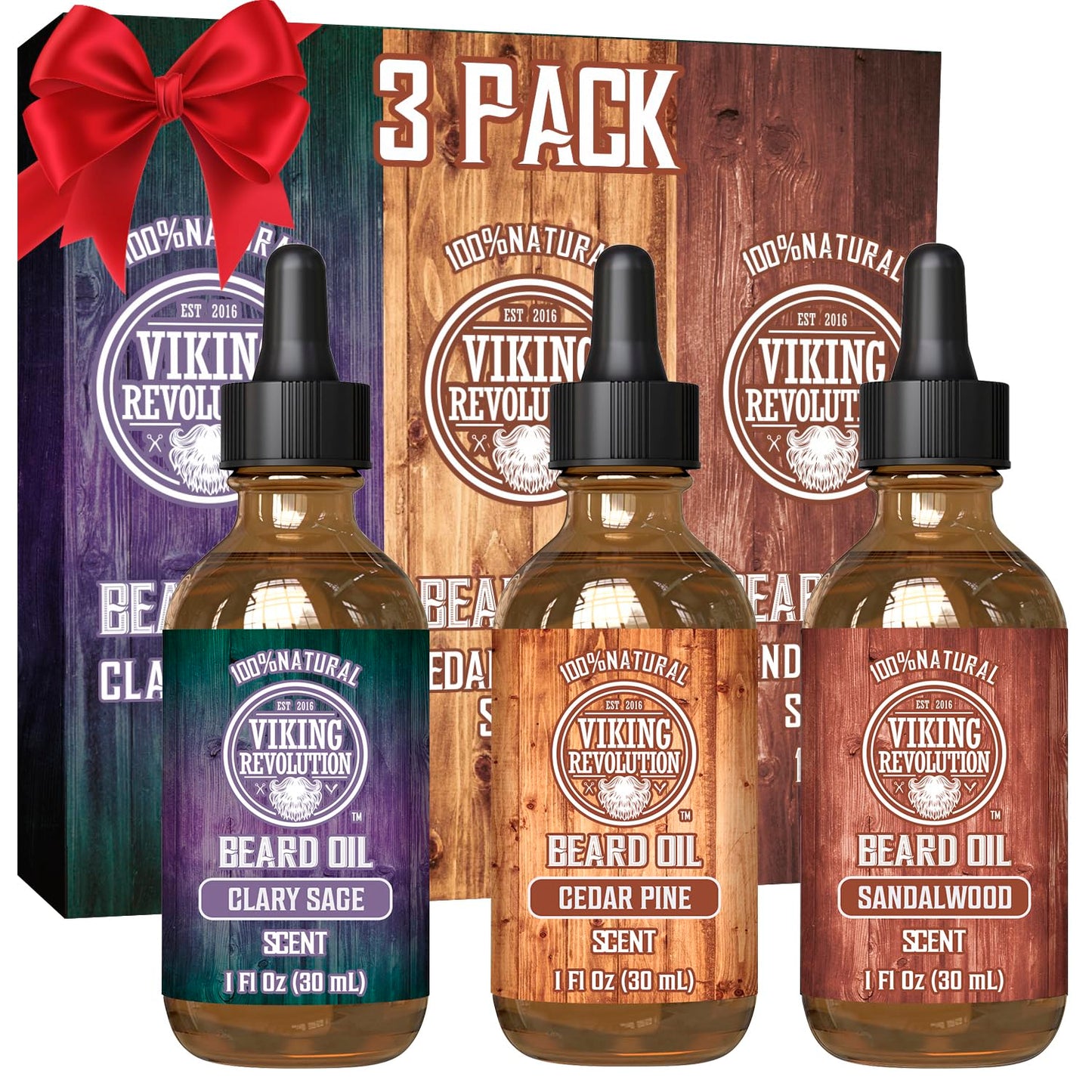 Viking Revolution Beard Oil for Men 3 Pack - Natural Mens Beard Oil Variety Set - Sandalwood, Pine and Cedar, Clary Sage Scents - Beard Conditioning