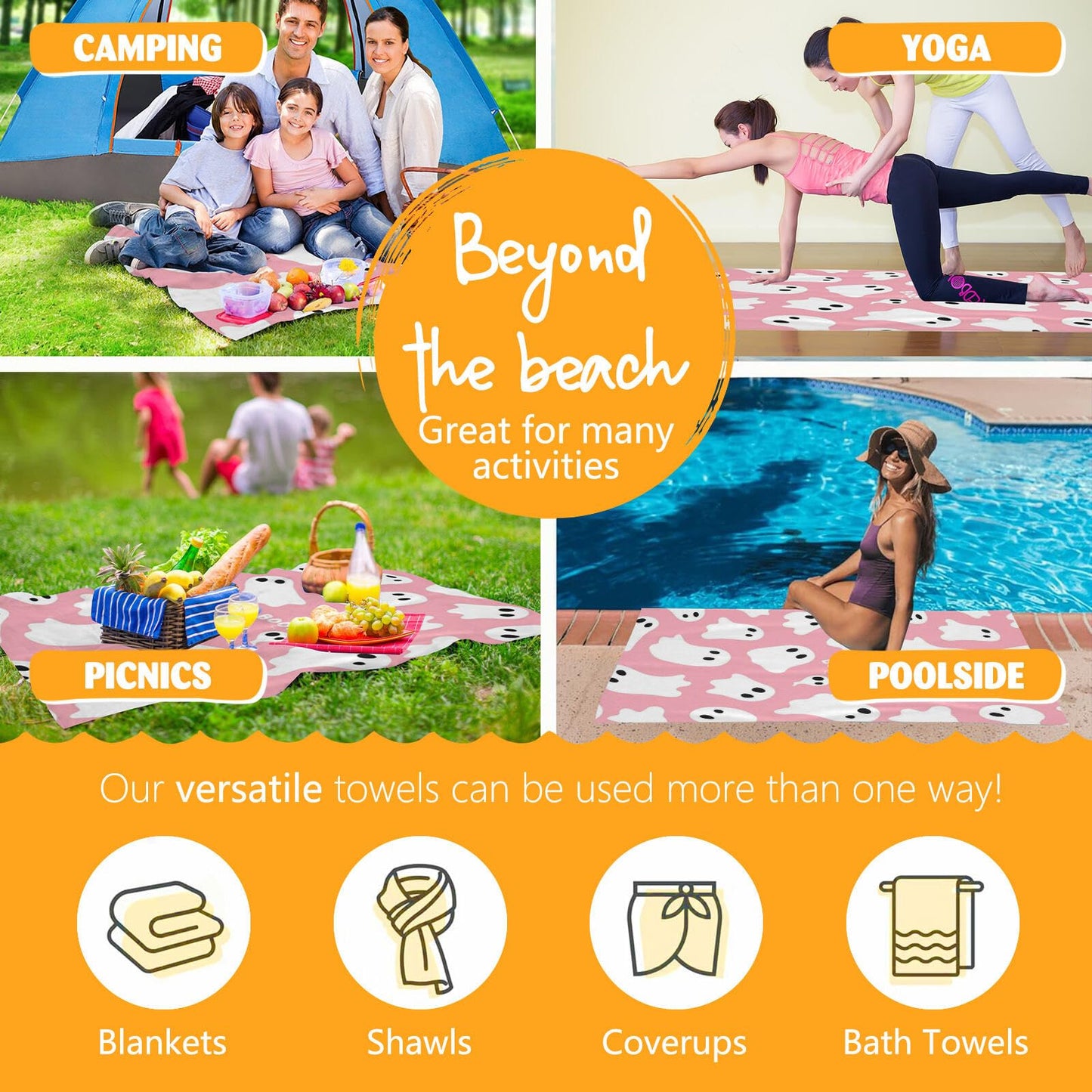 Pink Cute Ghost Beach Towel Microfiber Beach Towels Blanket For Kids Adults Big Extra Large XL Bathroom Pool Towels Oversized Quick Dry Sandproof…