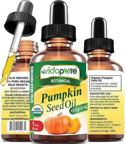 MYVIDAPURE Organic PUMPKIN SEED OIL Certified Organic WILD GROWTH RAW Pure EXTRA VIRGIN UNREFINED for Skin, Face, Body, Hair and Lip Care (1 Fl Oz)