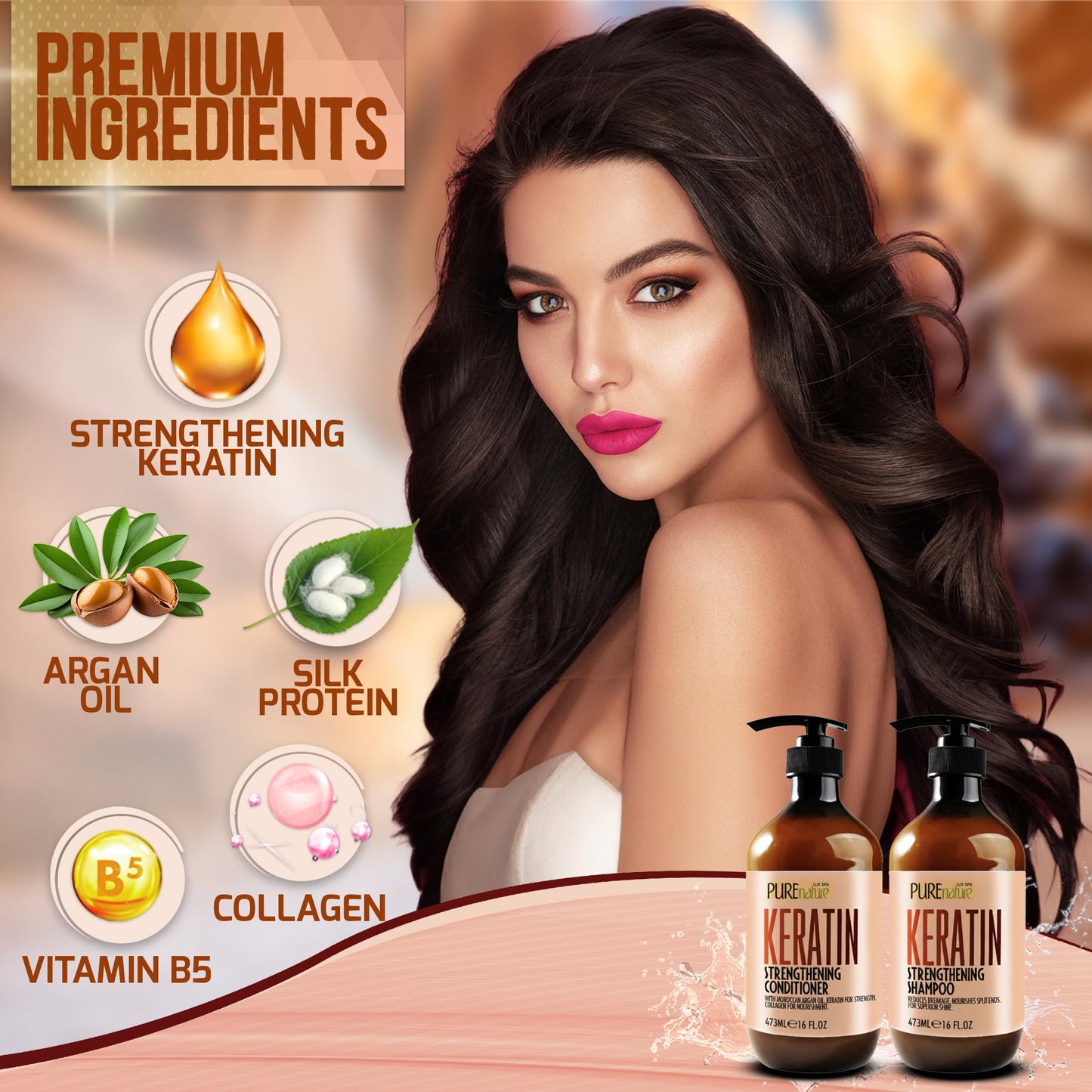 Keratin Shampoo and Conditioner Set - Sulfate and Paraben Free Treatment for Dry Hair - Anti Frizz, Collagen Enriched Formula for Curly or Damaged