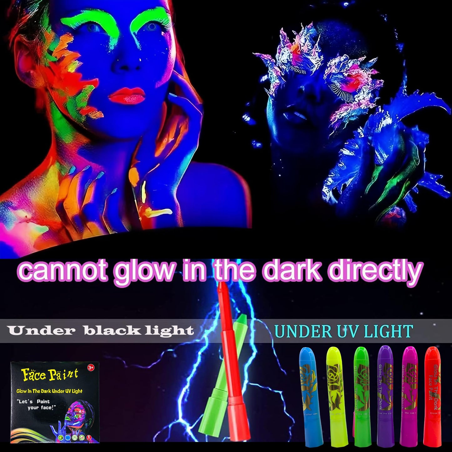Glow In The Dark Body Paint, 6 PCS Glow In The Dark Under Uv Black Light Sticks Makeup Neon Face Painting Kits For Adult Halloween Festival Accessory