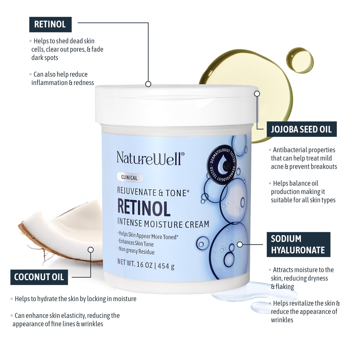 NATURE WELL Clinical Retinol Advanced Moisture Cream for Face, Body, & Hands, Boosts Skin Firmness, Enhances Skin Tone, No Greasy Residue, 10 Oz