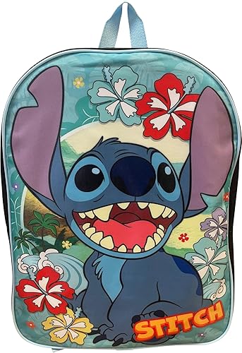Ruz Stitch Unisex Licensed 15 Inch School Bag Backpack (Black-Blue)