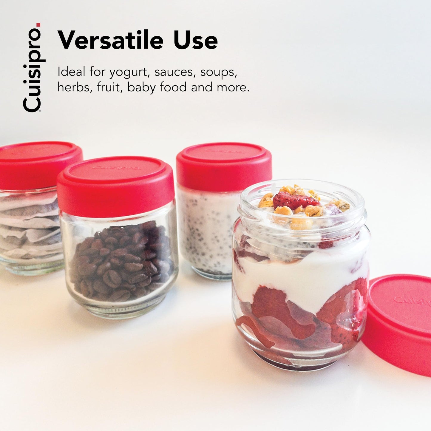 Cuisipro Jars with Lids, 6 Oz Glass Jars with Airtight Lid Wide Mouth, 4 Pack, Canning Jars for Liquid, Glass Container for Yogurt, Spice, Red