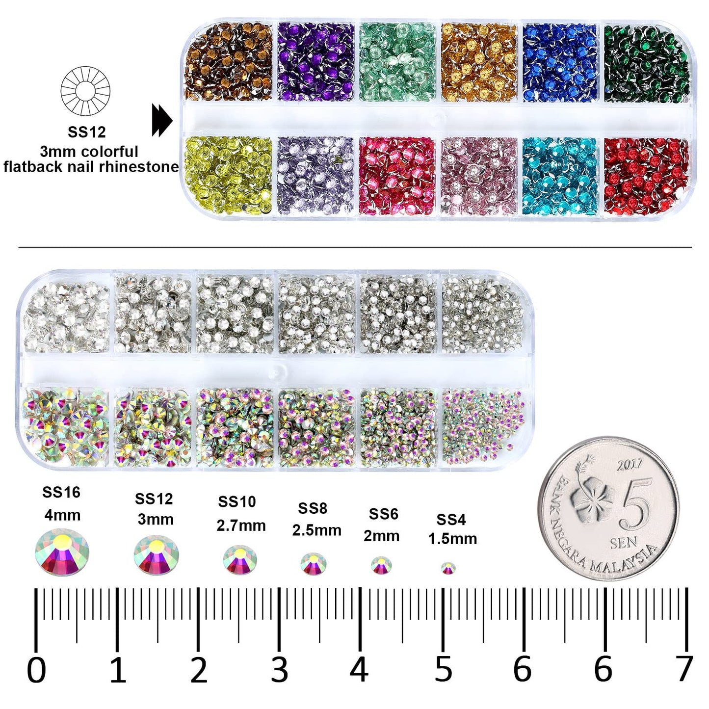 4968Pcs Colorful Flatback Rhinestones for Bedazzling, 1.5-4mm White AB Small Rhinestones Kit, Flat Back Glass Crystals Gems Diamonds for Crafts